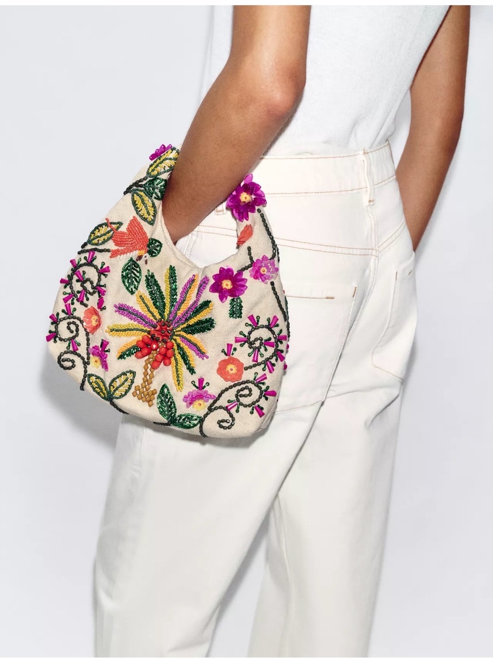 Zara Cream Shoulder Bag with Multicolor Beaded Floral Embroidery - Picture 2 of 4